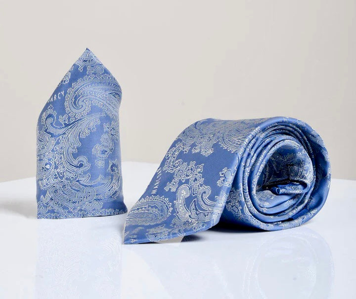 Marc Darcy Sky Blue Paisley Tie and Pocket Square Set