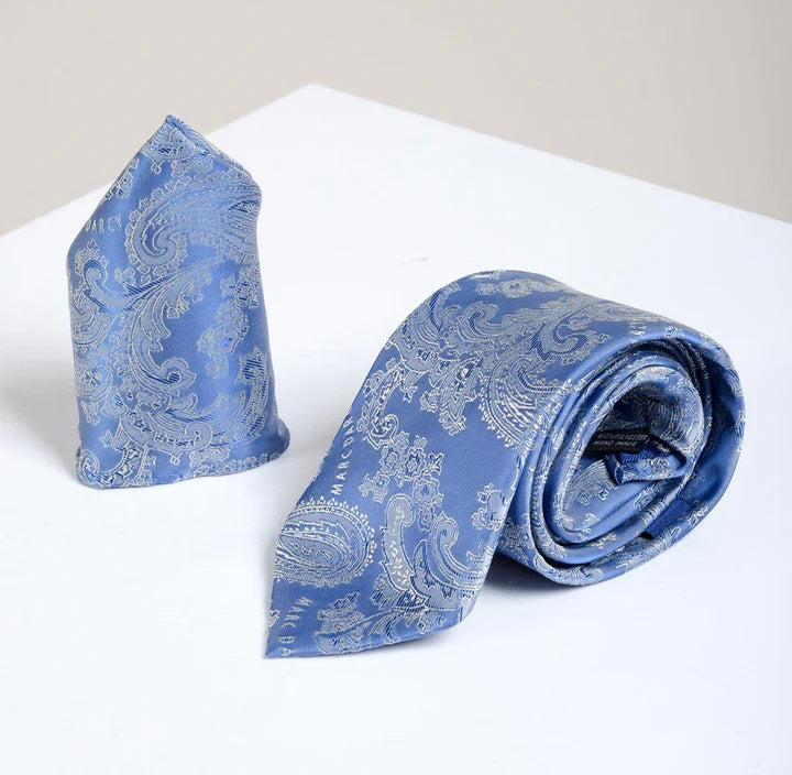 Marc Darcy Sky Blue Paisley Tie and Pocket Square Set