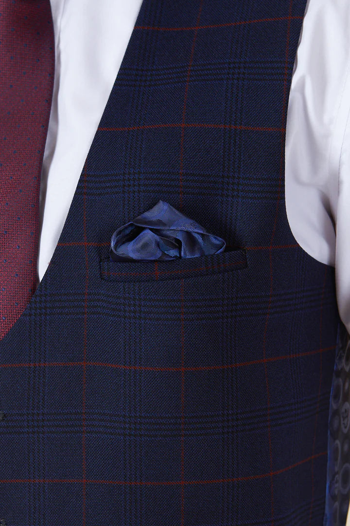 Marc Darcy Edinson Navy Wine Check Single Breasted Waistcoat