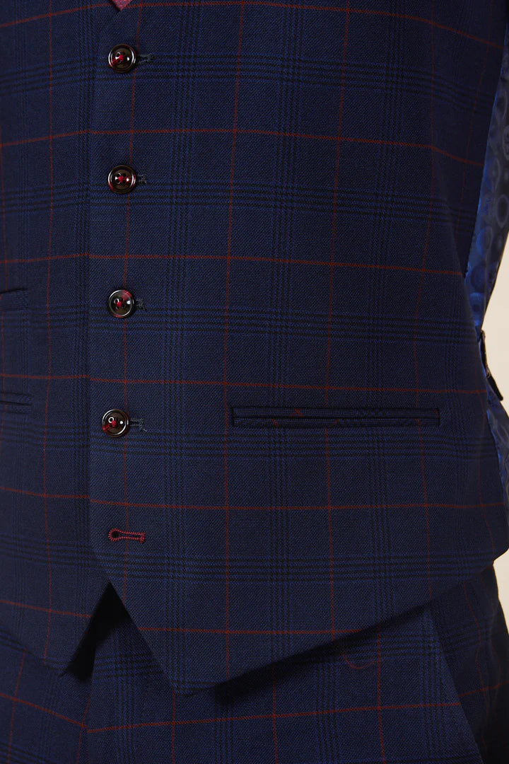 Marc Darcy Edinson Navy Wine Check Single Breasted Waistcoat