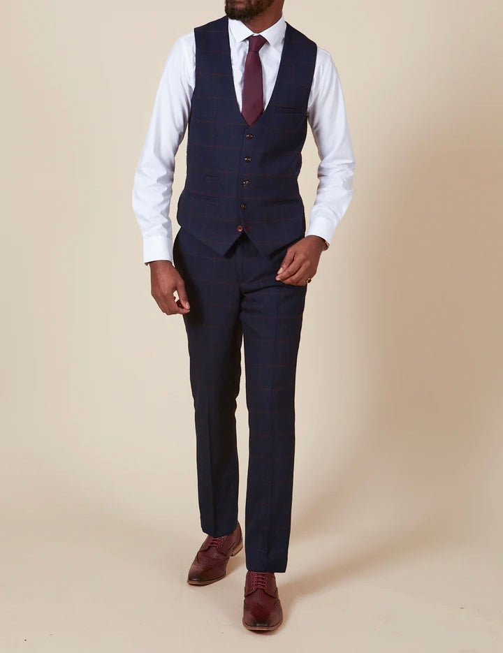 Marc Darcy Edinson Navy Wine Check Single Breasted Waistcoat