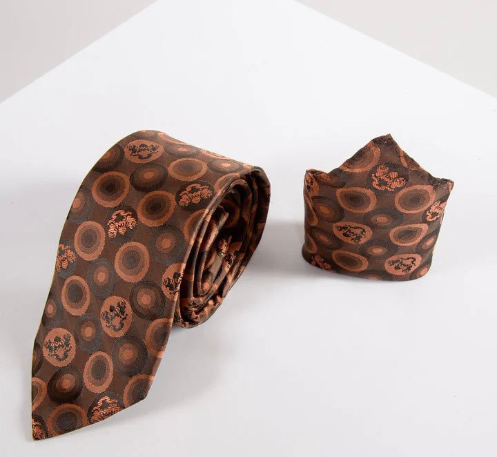 Marc Darcy Orange Brown Bubble Circle Print Tie and Pocket Square