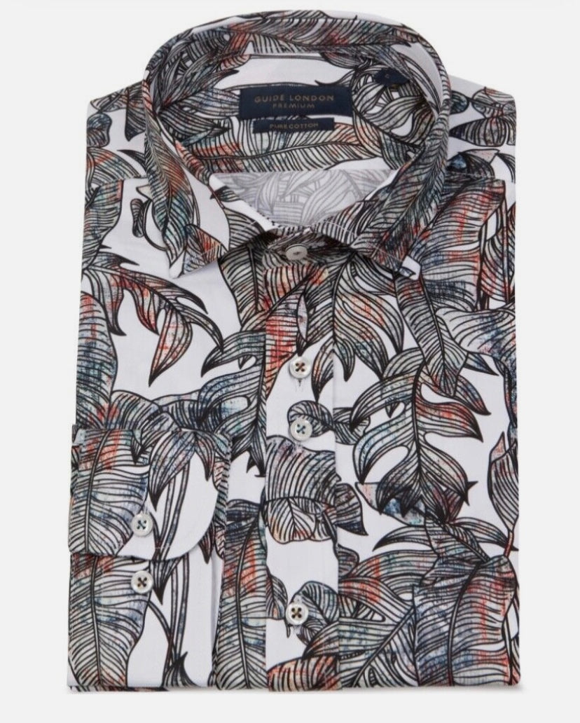 SALE Guide London Premium Tropical Leaf Print Long Sleeve Shirt
