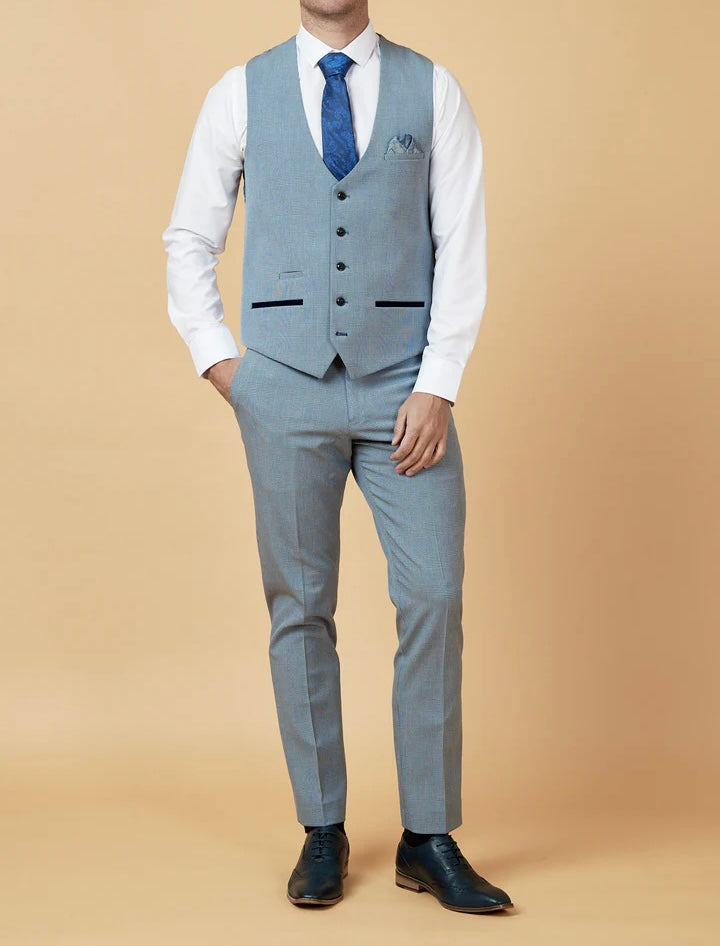 Marc Darcy Bromley Sky Blue Check Single Breasted Waistcoat