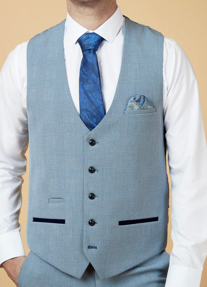 Marc Darcy Bromley Sky Blue Check Single Breasted Waistcoat