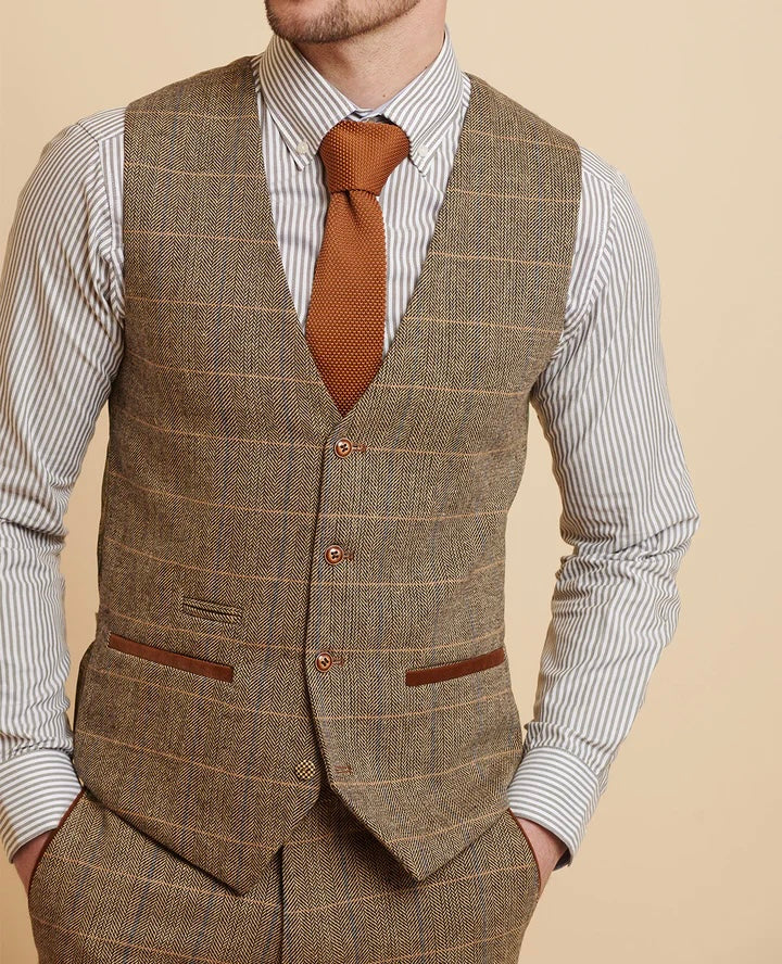 Marc Darcy Ted Tan Tweed Check Waistcoat