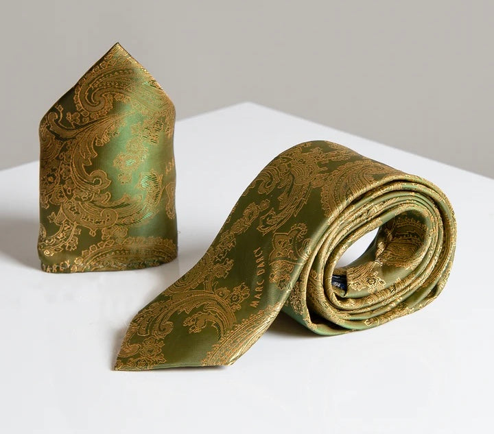 Marc Darcy Tan Paisley Tie and Pocket Square Set