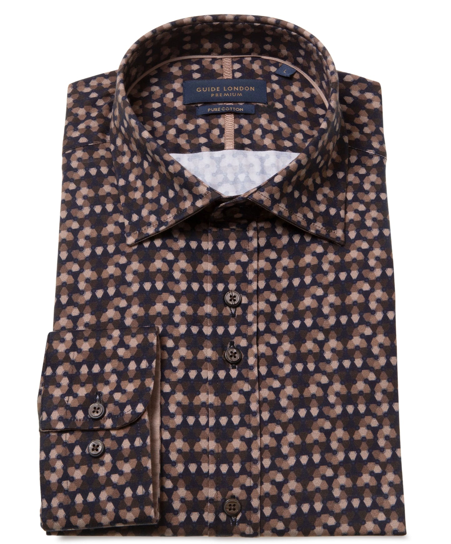 SALE Guide London Premium Brown Geometric Long Sleeve Shirt