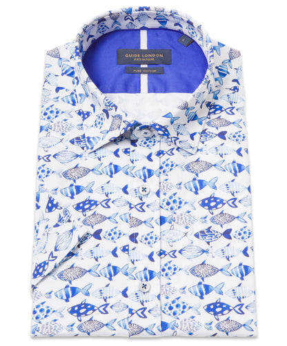 Guide London Premium Blue Fish Short Sleeve Shirt