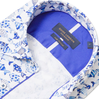 Guide London Premium Blue Fish Short Sleeve Shirt