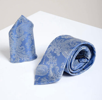 Marc Darcy Sky Blue Paisley Tie and Pocket Square Set