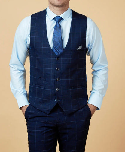 Marc Darcy Edinson Navy Sky Check Single Breasted Waistcoat