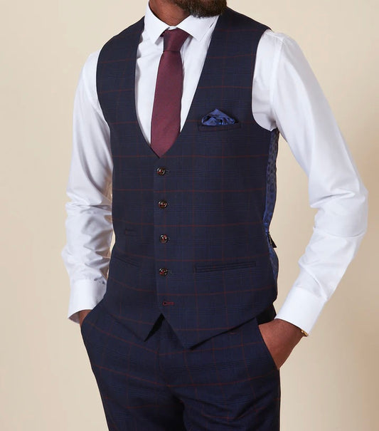 Marc Darcy Edinson Navy Wine Check Single Breasted Waistcoat