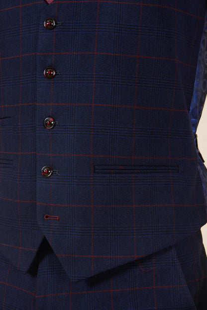 Marc Darcy Edinson Navy Wine Check Single Breasted Waistcoat