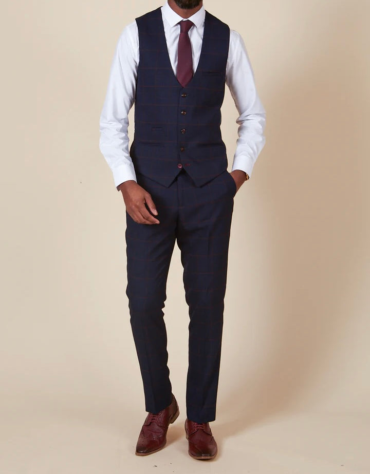 Marc Darcy Edinson Navy Wine Check Single Breasted Waistcoat