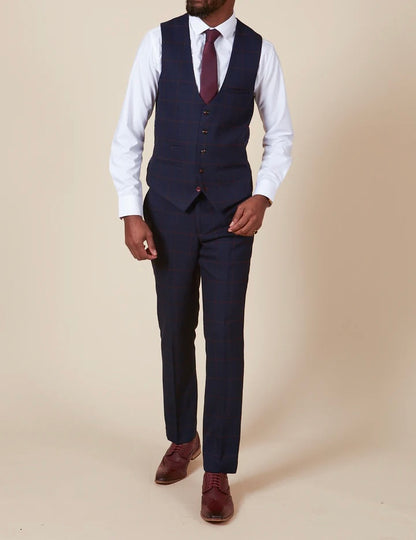 Marc Darcy Edinson Navy Wine Check Single Breasted Waistcoat