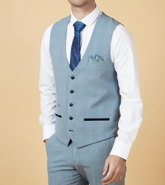 Marc Darcy Bromley Sky Blue Check Single Breasted Waistcoat