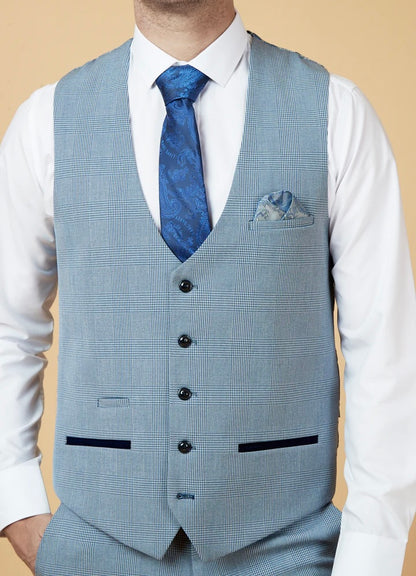 Marc Darcy Bromley Sky Blue Check Single Breasted Waistcoat