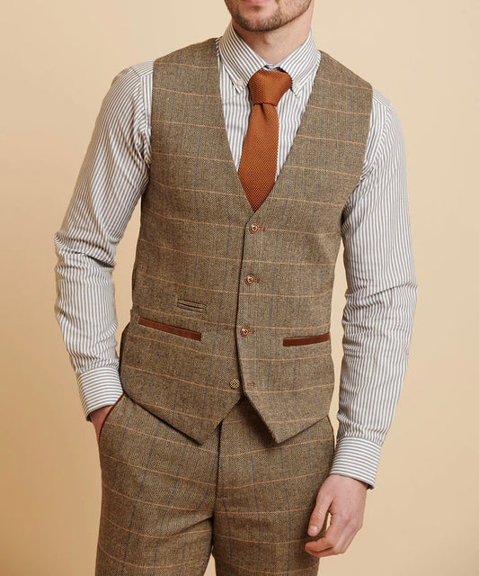 Marc Darcy Ted Tan Tweed Check Waistcoat