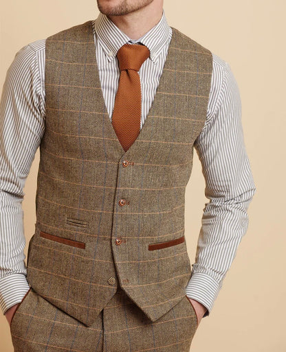 Marc Darcy Ted Tan Tweed Check Waistcoat