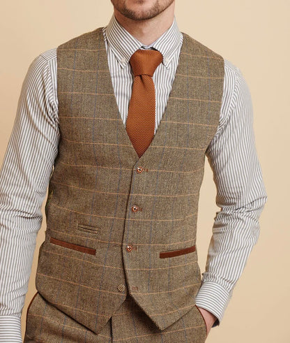 Marc Darcy Ted Tan Tweed Check Waistcoat