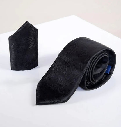 Marc Darcy Black Paisley Tie and Pocket Square Set