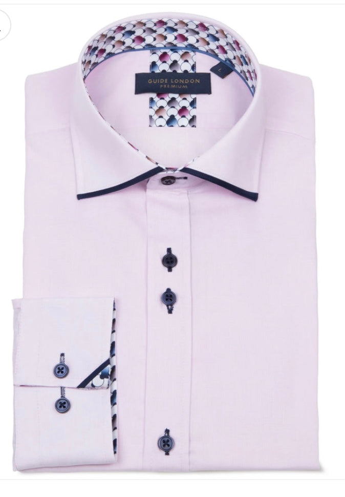 Guide London Premium Pink Long Sleeve Shirt with Navy Trim