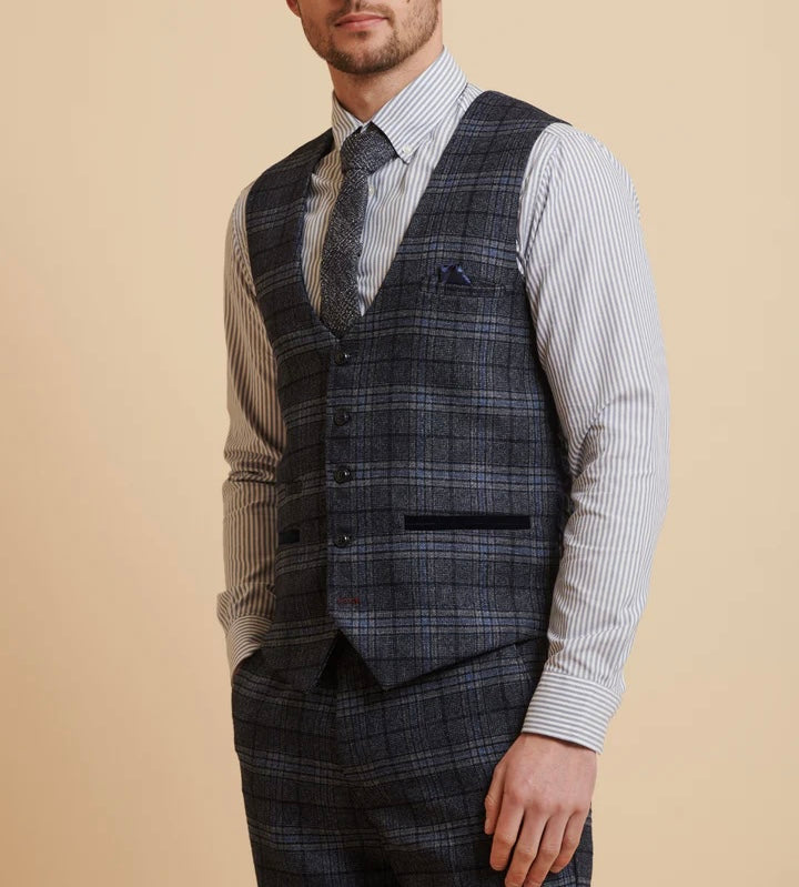 SALE Marc Darcy Andy Blue Single Breasted Check Waistcoat