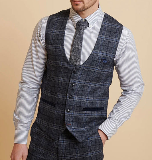 SALE Marc Darcy Andy Blue Single Breasted Check Waistcoat