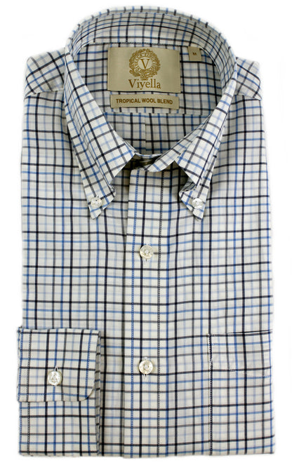 Viyella Tropical Cotton Wool Blend Blue Tattersall Shirt