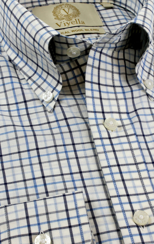 Viyella Tropical Cotton Wool Blend Blue Tattersall Shirt