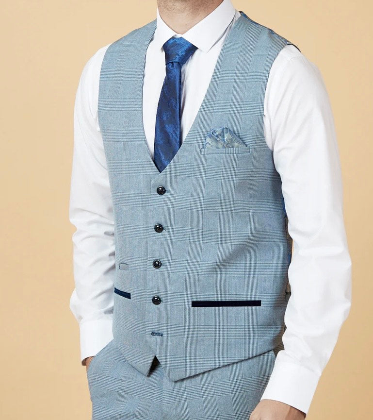 Marc Darcy Bromley Sky Blue Check Waistcoat